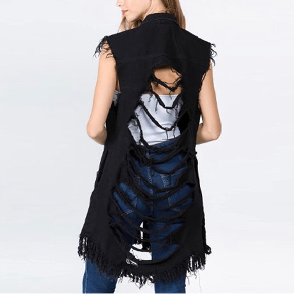 BRAND NEW WOMENS BLACK LONGLINE DISTRESSED DENIM VEST NWT - Picture 2 of 4